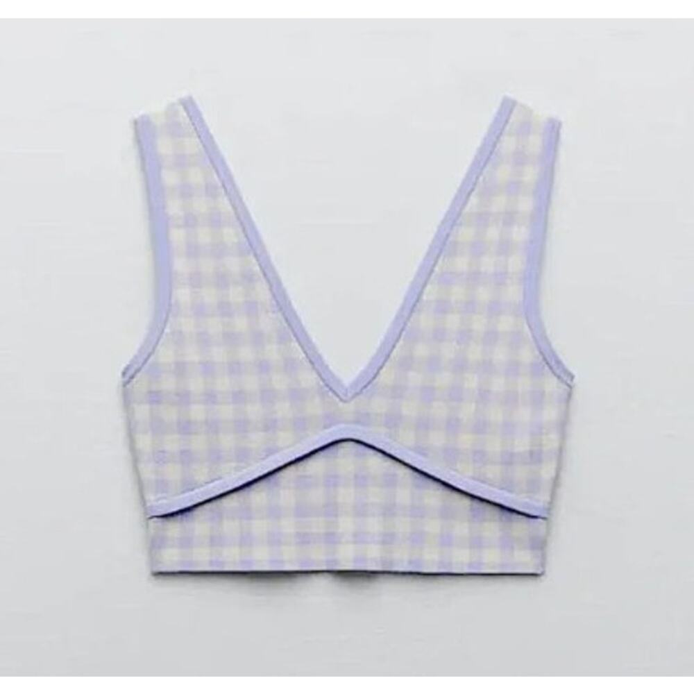 New NWT Zara Purple White Gingham Print Soft Sweater Style Crop Top Large